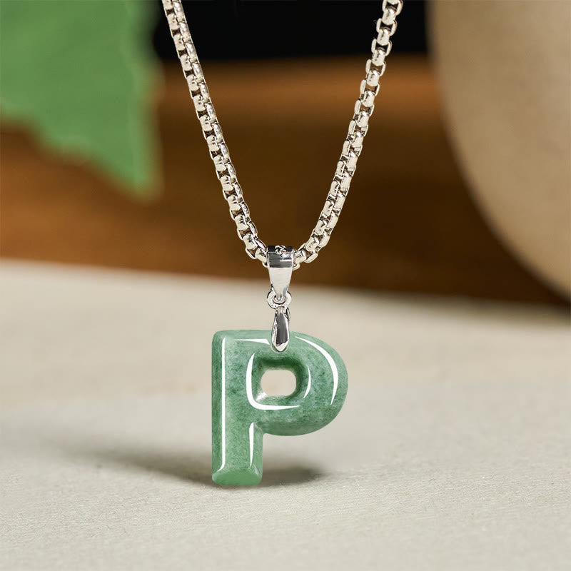 EverestArtstudios Natural A-Z Letter Jade Titanium Steel Wide Chain Prosperity Necklace Pendant