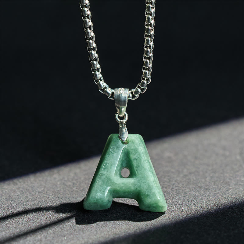 EverestArtstudios Natural A-Z Letter Jade Titanium Steel Wide Chain Prosperity Necklace Pendant