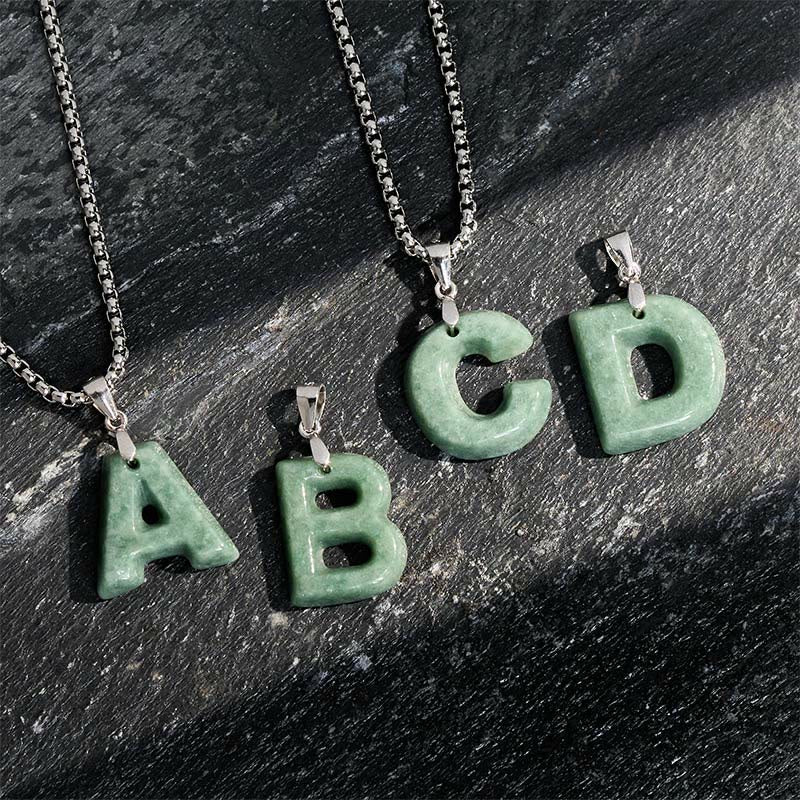 EverestArtstudios Natural A-Z Letter Jade Titanium Steel Wide Chain Prosperity Necklace Pendant