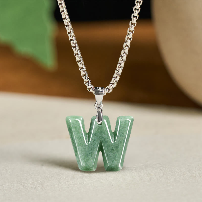 EverestArtstudios Natural A-Z Letter Jade Titanium Steel Wide Chain Prosperity Necklace Pendant