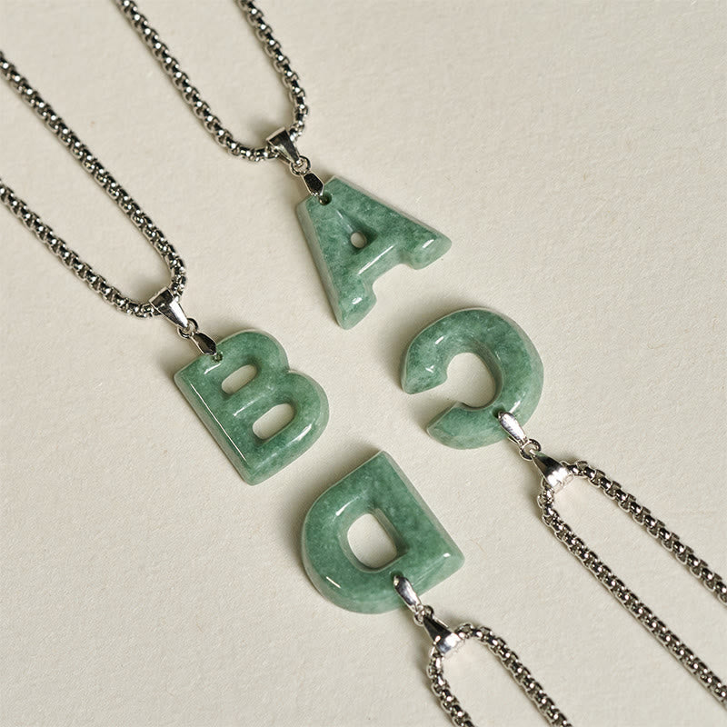 EverestArtstudios Natural A-Z Letter Jade Titanium Steel Wide Chain Prosperity Necklace Pendant