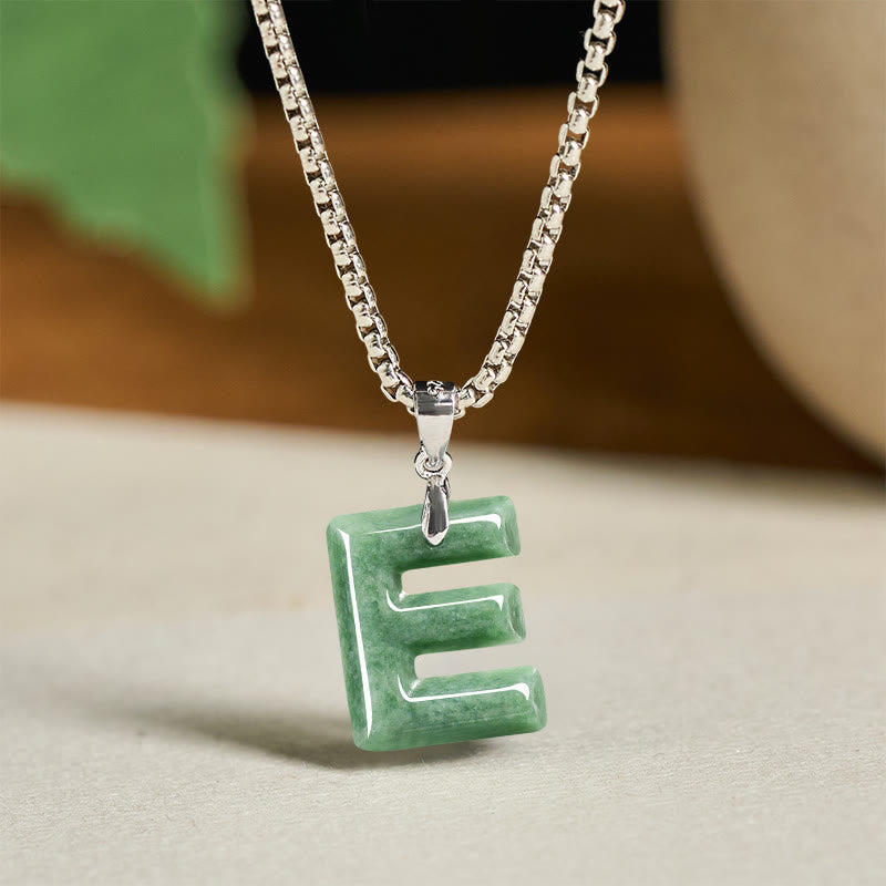 EverestArtstudios Natural A-Z Letter Jade Titanium Steel Wide Chain Prosperity Necklace Pendant