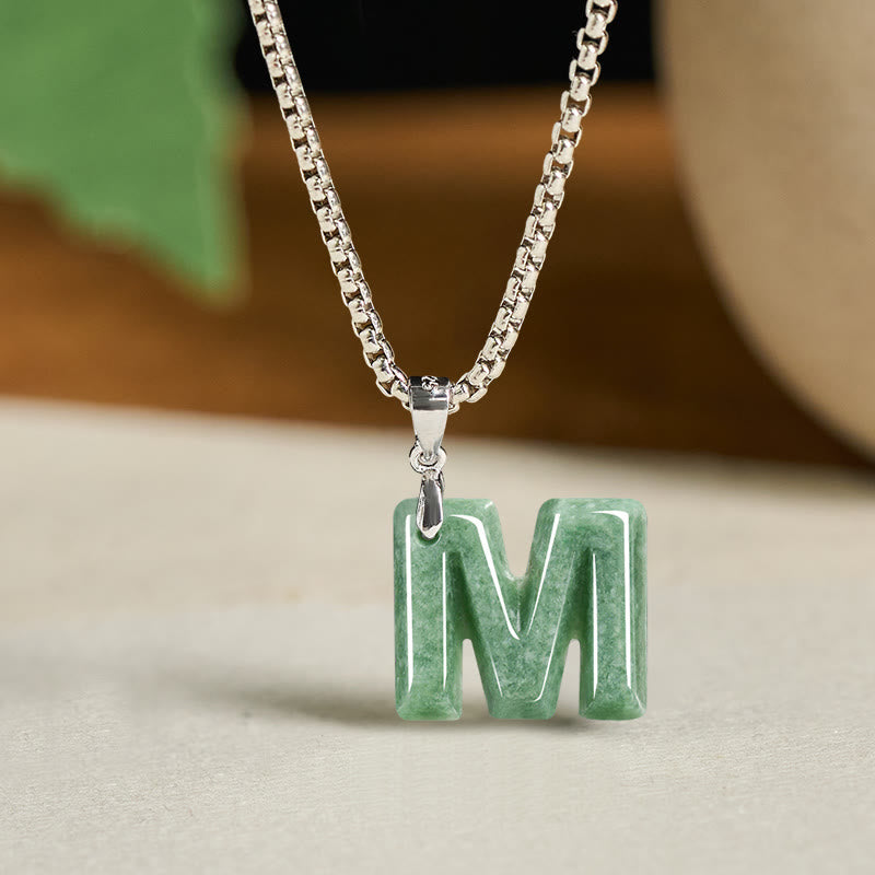 EverestArtstudios Natural A-Z Letter Jade Titanium Steel Wide Chain Prosperity Necklace Pendant
