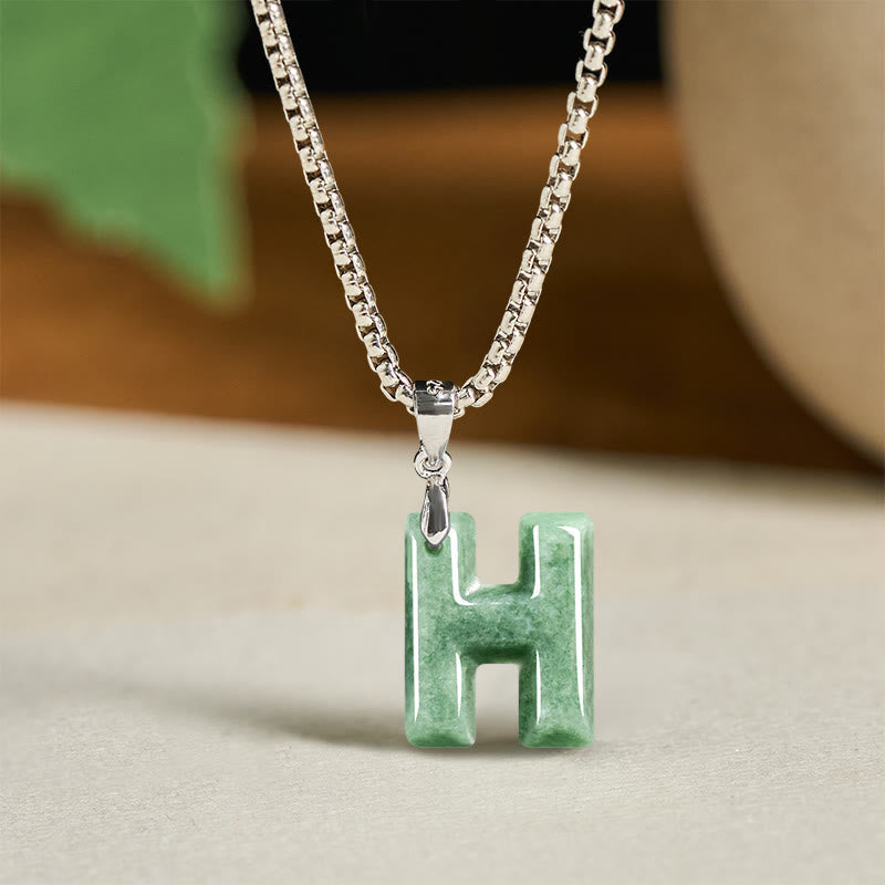 EverestArtstudios Natural A-Z Letter Jade Titanium Steel Wide Chain Prosperity Necklace Pendant