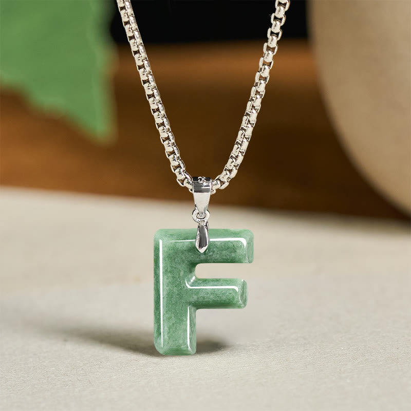 EverestArtstudios Natural A-Z Letter Jade Titanium Steel Wide Chain Prosperity Necklace Pendant