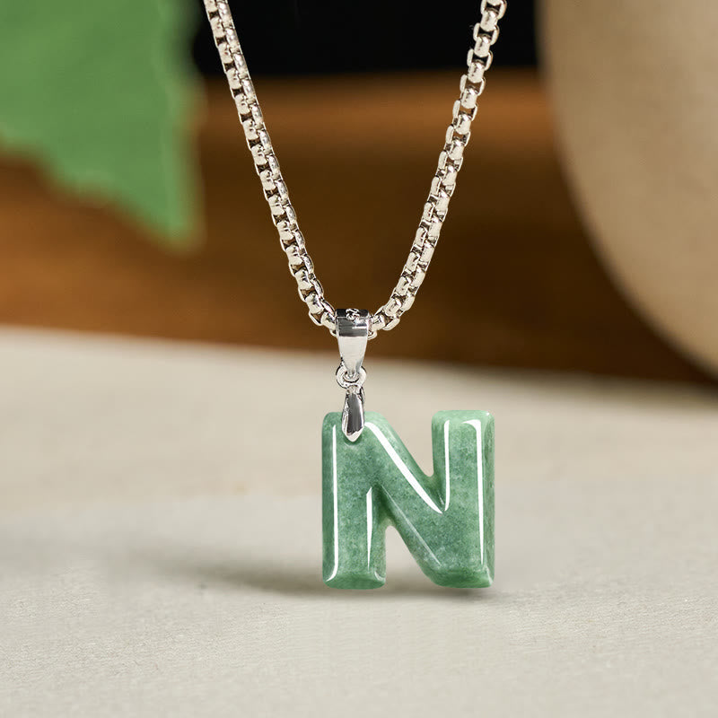 EverestArtstudios Natural A-Z Letter Jade Titanium Steel Wide Chain Prosperity Necklace Pendant