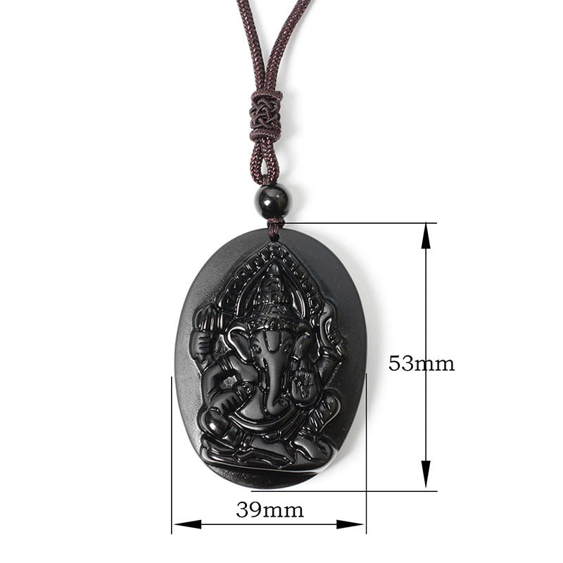 Buddha Stones Ganesh Elephant Relief Design Natural Black Obsidian Strength Necklace Pendant