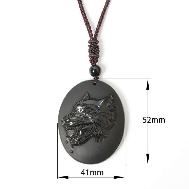 Buddha Stones Wolf Head Natural Black Obsidian Strength Necklace Pendant