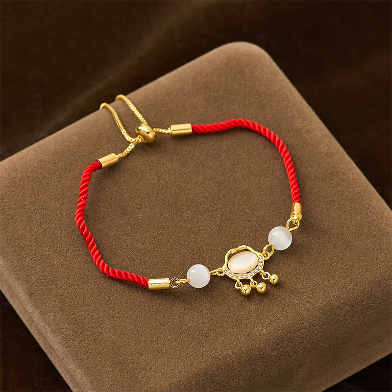 Buddha Stones Chinese Lock Charm Cat's Eye Red String Copper Plated Gold Protection Bracelet