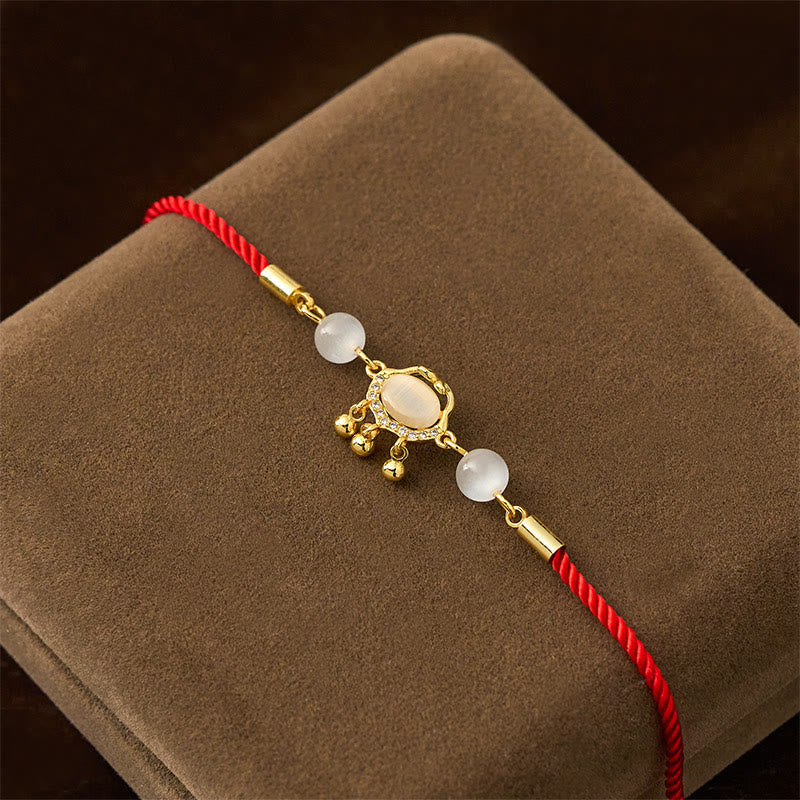 Buddha Stones Chinese Lock Charm Cat's Eye Red String Copper Plated Gold Protection Bracelet