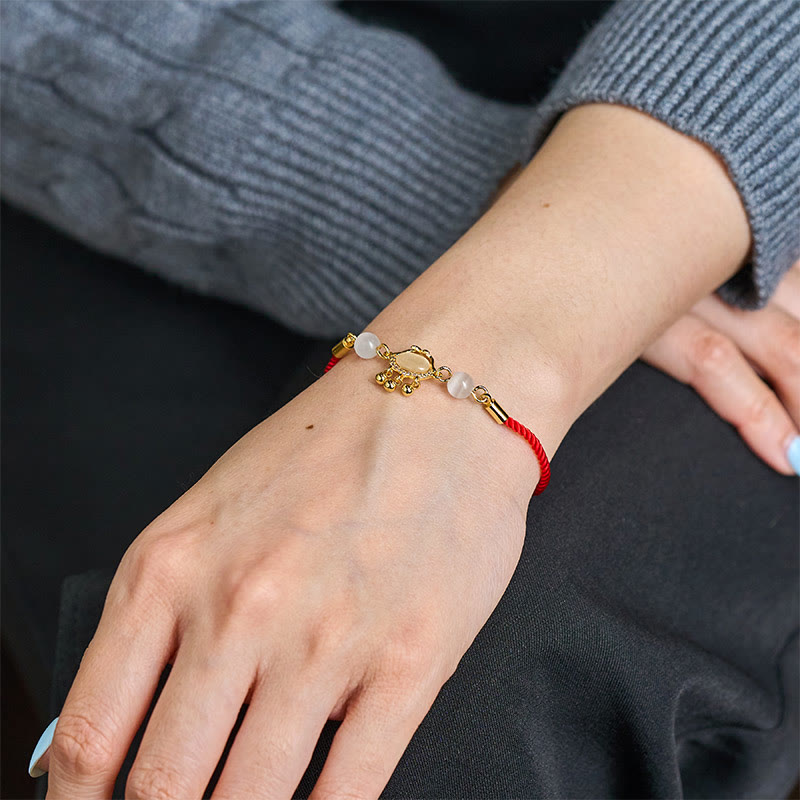 Buddha Stones Chinese Lock Charm Cat's Eye Red String Copper Plated Gold Protection Bracelet