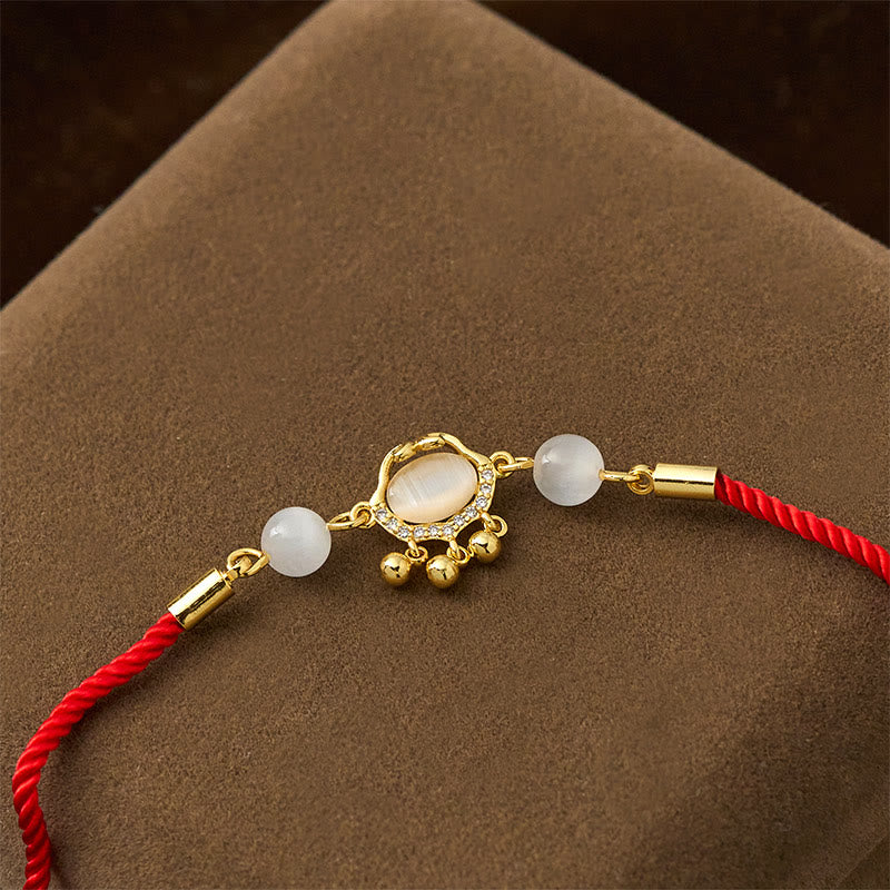 Buddha Stones Chinese Lock Charm Cat's Eye Red String Copper Plated Gold Protection Bracelet