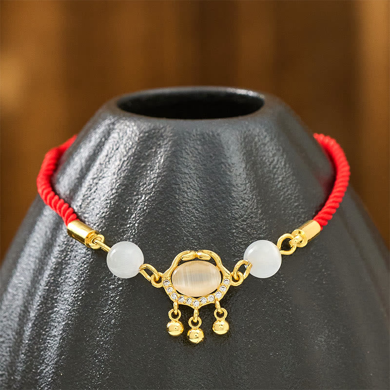 Buddha Stones Chinese Lock Charm Cat's Eye Red String Copper Plated Gold Protection Bracelet