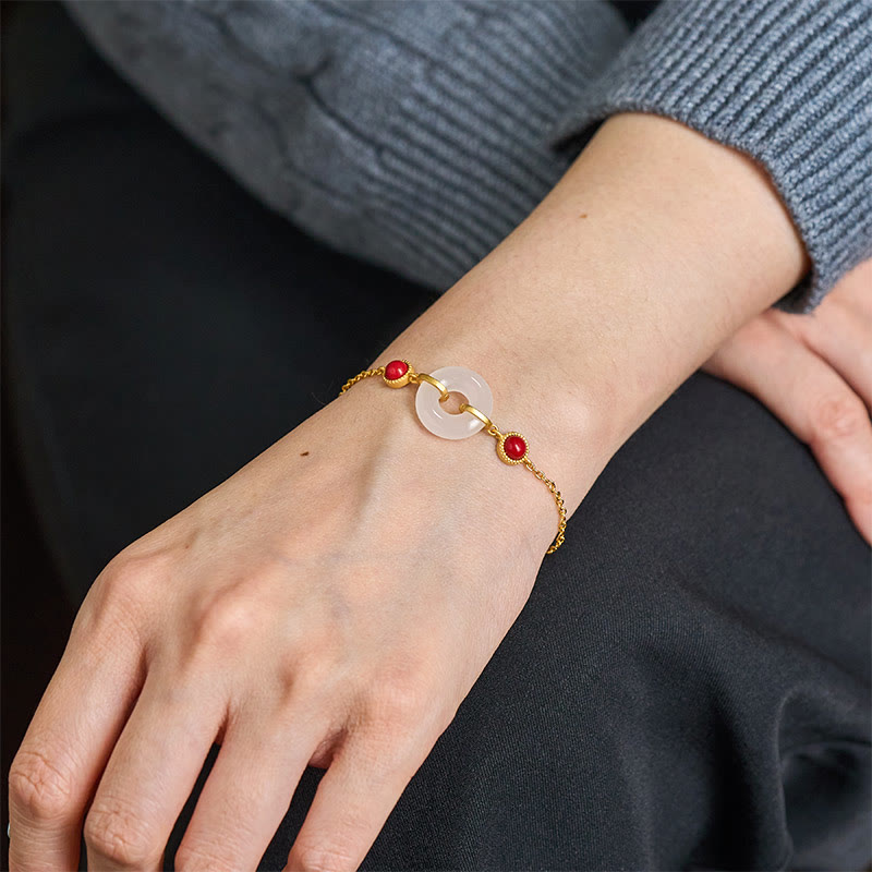 EverestArtstudios Peace Buckle Hetian White Jade Copper Plated Gold Protection Bracelet