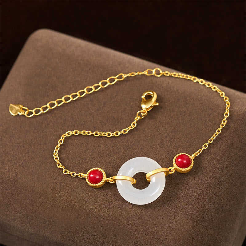 EverestArtstudios Peace Buckle Hetian White Jade Copper Plated Gold Protection Bracelet