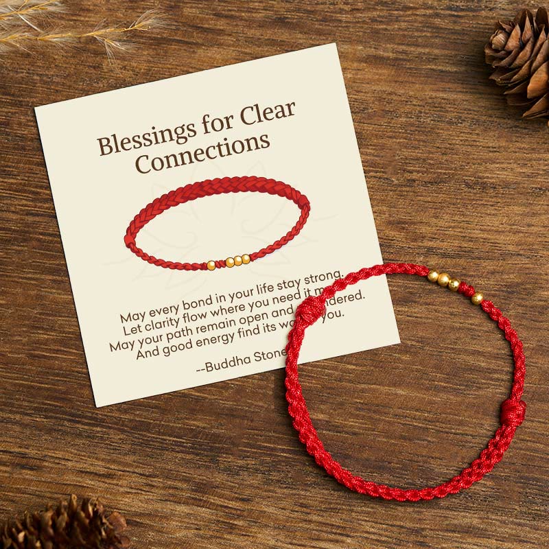 Buddha Stones "Blessings for Clear Connections" 925 Sterling Silver Plated Gold Beads Red String Bracelet Includes Gift Message Card