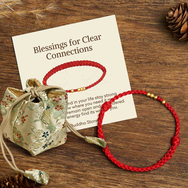 Buddha Stones "Blessings for Clear Connections" 925 Sterling Silver Plated Gold Beads Red String Bracelet Includes Gift Message Card