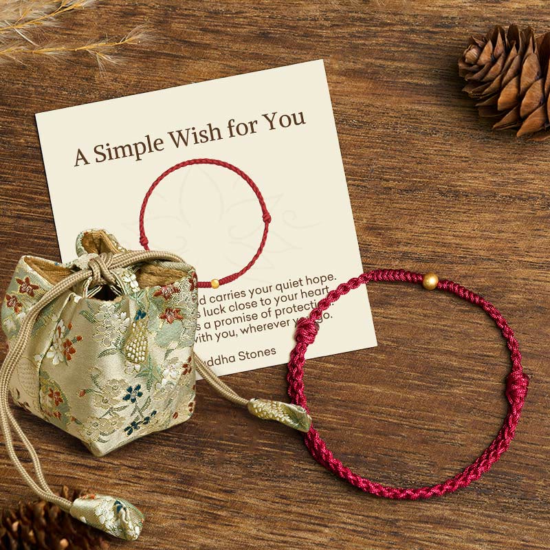 Buddha Stones "A Simple Wish for You" 925 Sterling Silver Plated Gold Single Bead Red Rope Bracelet Anklet Includes Gift Message Card
