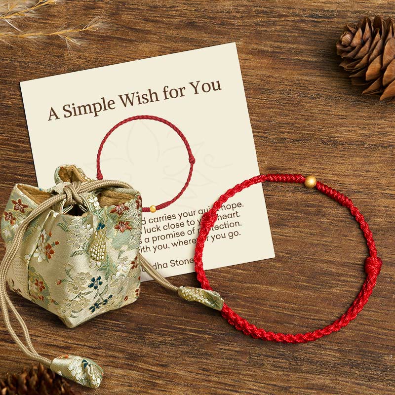 Buddha Stones "A Simple Wish for You" 925 Sterling Silver Plated Gold Single Bead Red Rope Bracelet Anklet Includes Gift Message Card