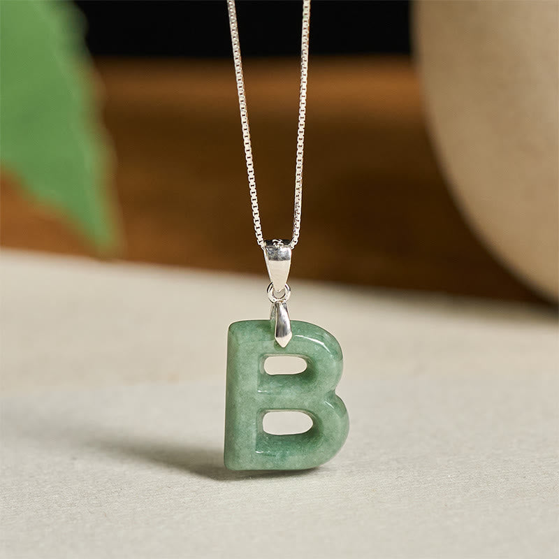 EverestArtstudios Natural A-Z Letter Jade 925 Sterling Silver Silm Chain Prosperity Necklace Pendant