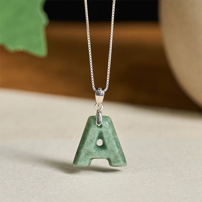 EverestArtstudios Natural A-Z Letter Jade 925 Sterling Silver Silm Chain Prosperity Necklace Pendant
