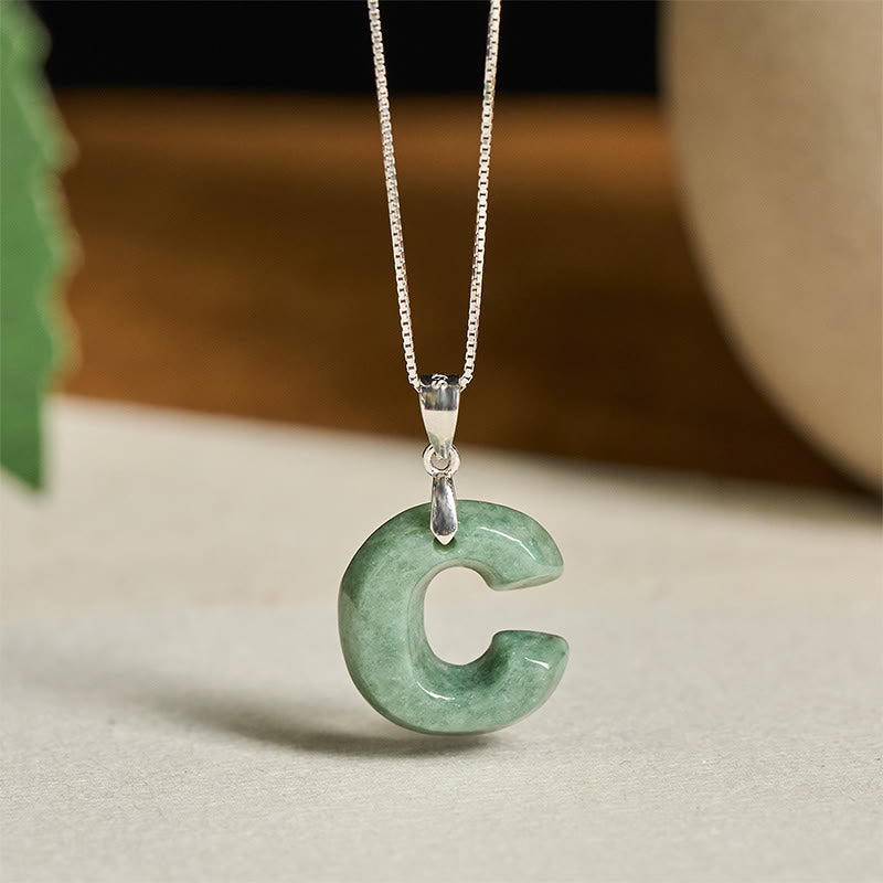 EverestArtstudios Natural A-Z Letter Jade 925 Sterling Silver Silm Chain Prosperity Necklace Pendant