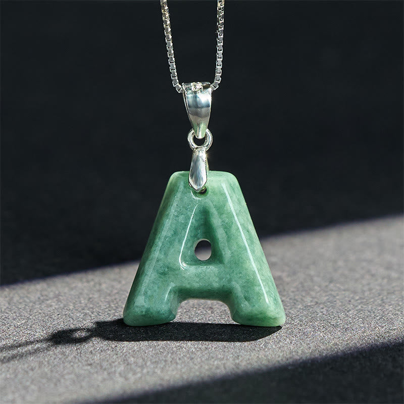 EverestArtstudios Natural A-Z Letter Jade 925 Sterling Silver Silm Chain Prosperity Necklace Pendant