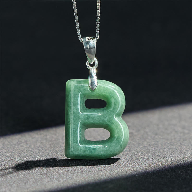 EverestArtstudios Natural A-Z Letter Jade 925 Sterling Silver Silm Chain Prosperity Necklace Pendant