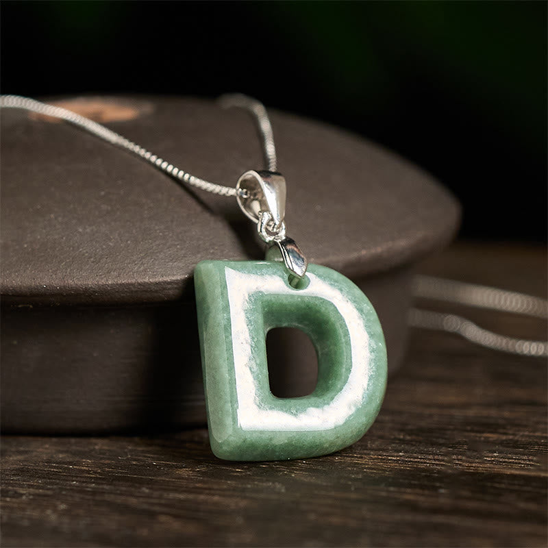 EverestArtstudios Natural A-Z Letter Jade 925 Sterling Silver Silm Chain Prosperity Necklace Pendant
