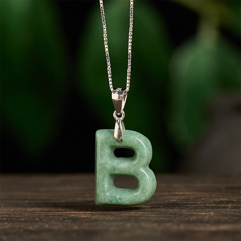EverestArtstudios Natural A-Z Letter Jade 925 Sterling Silver Silm Chain Prosperity Necklace Pendant