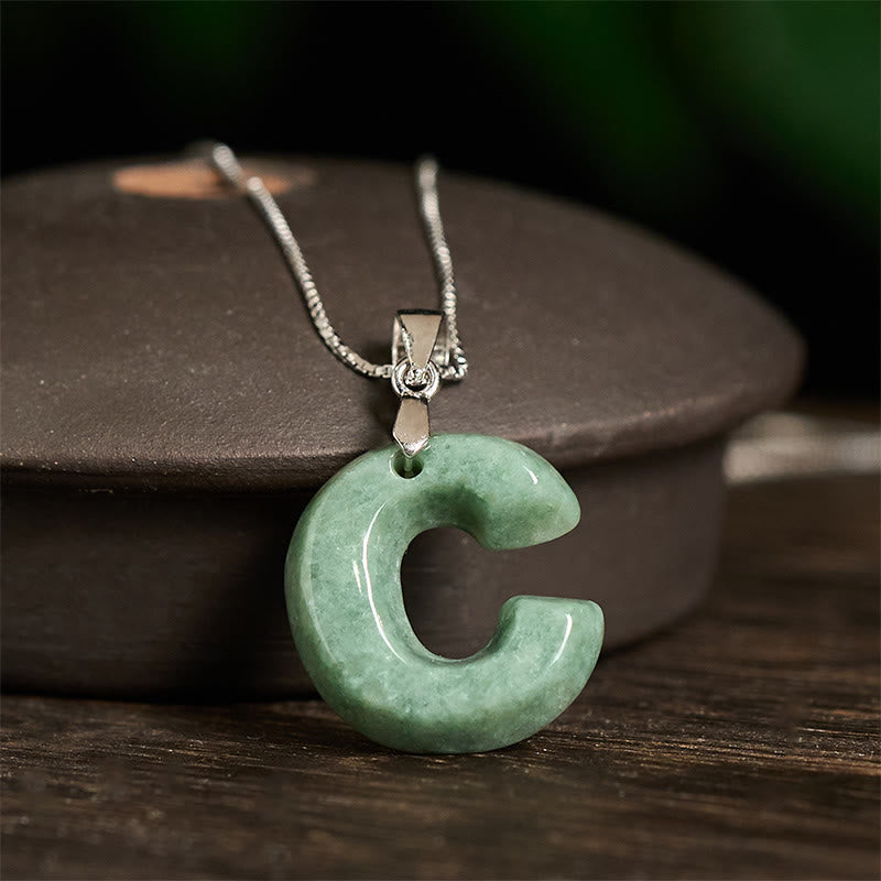 EverestArtstudios Natural A-Z Letter Jade 925 Sterling Silver Silm Chain Prosperity Necklace Pendant