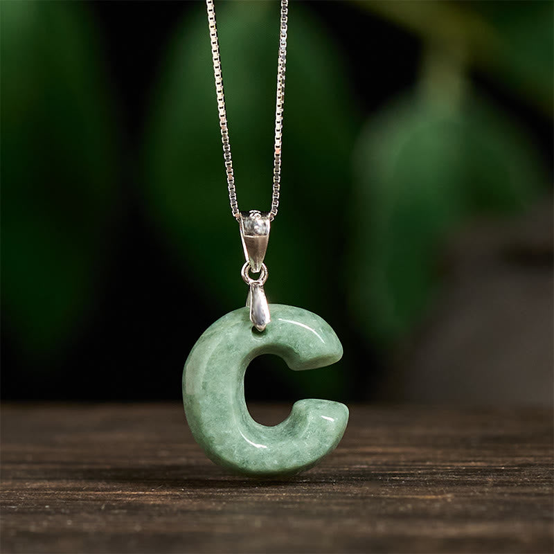 EverestArtstudios Natural A-Z Letter Jade 925 Sterling Silver Silm Chain Prosperity Necklace Pendant