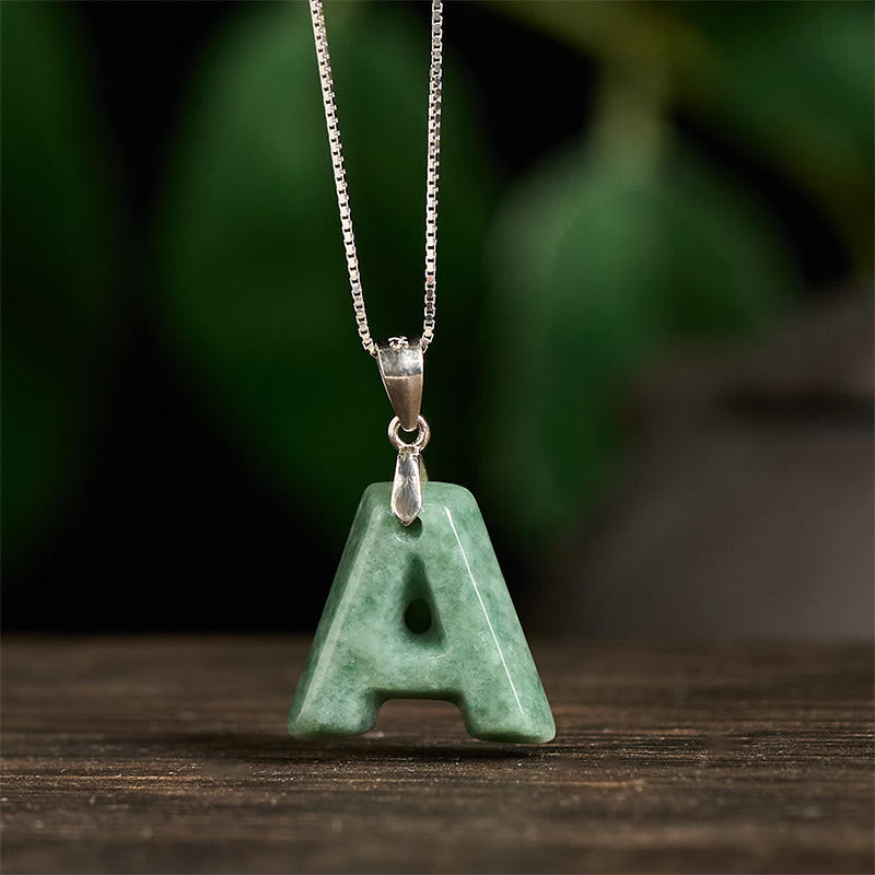 EverestArtstudios Natural A-Z Letter Jade 925 Sterling Silver Silm Chain Prosperity Necklace Pendant