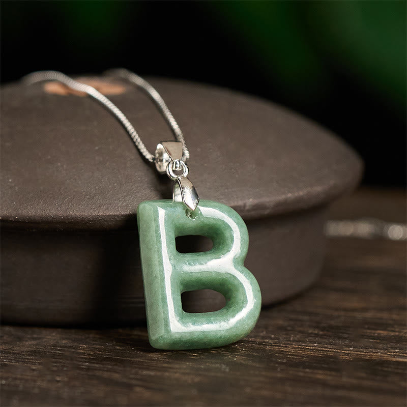 EverestArtstudios Natural A-Z Letter Jade 925 Sterling Silver Silm Chain Prosperity Necklace Pendant