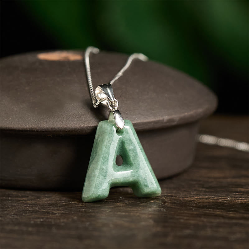 EverestArtstudios Natural A-Z Letter Jade 925 Sterling Silver Silm Chain Prosperity Necklace Pendant