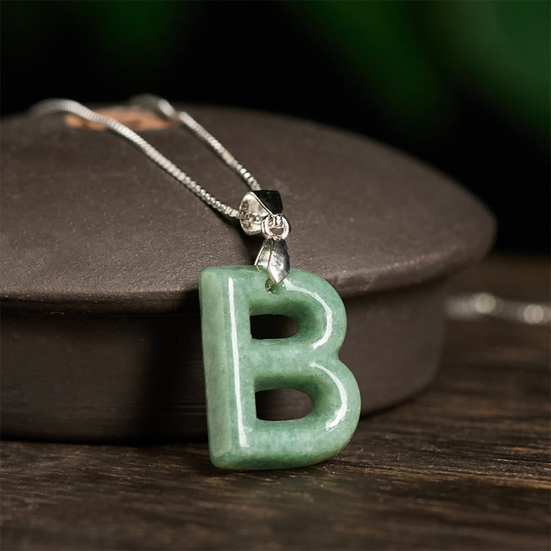EverestArtstudios Natural A-Z Letter Jade 925 Sterling Silver Silm Chain Prosperity Necklace Pendant