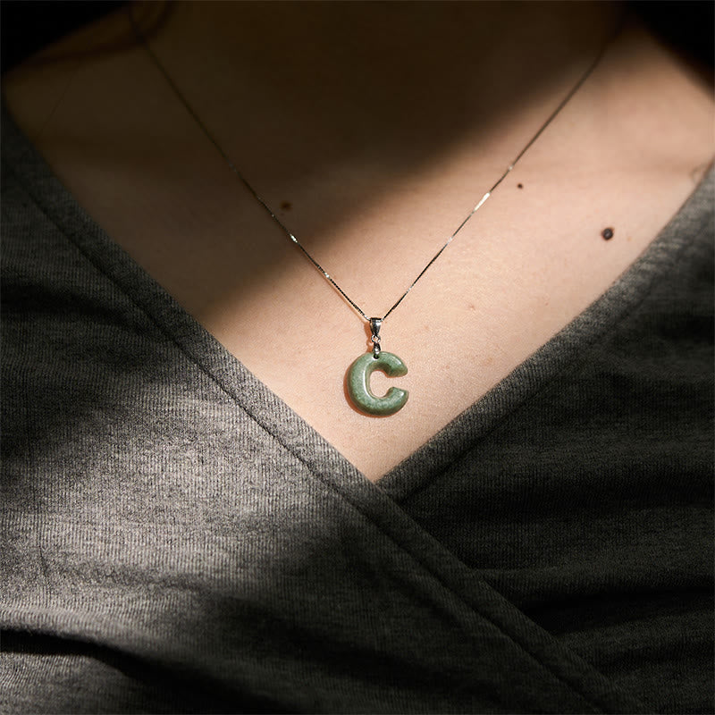 EverestArtstudios Natural A-Z Letter Jade 925 Sterling Silver Silm Chain Prosperity Necklace Pendant