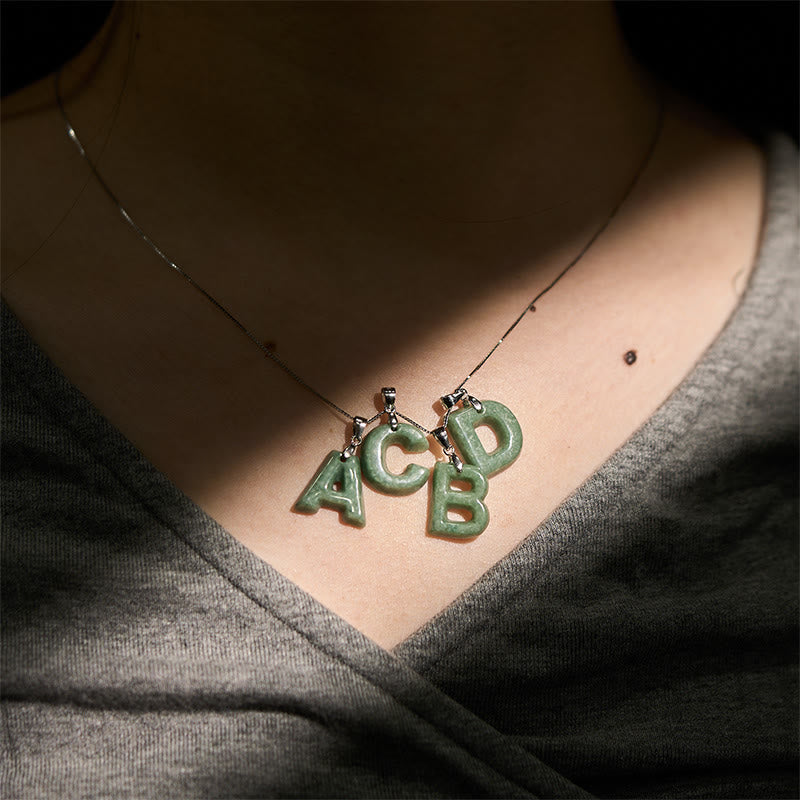 EverestArtstudios Natural A-Z Letter Jade 925 Sterling Silver Silm Chain Prosperity Necklace Pendant