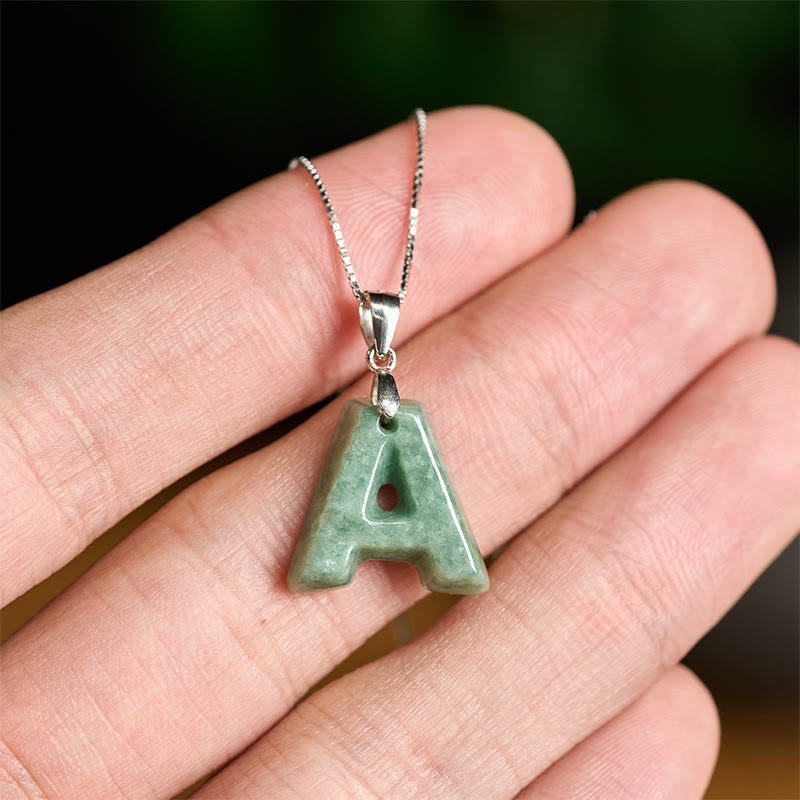 EverestArtstudios Natural A-Z Letter Jade 925 Sterling Silver Silm Chain Prosperity Necklace Pendant