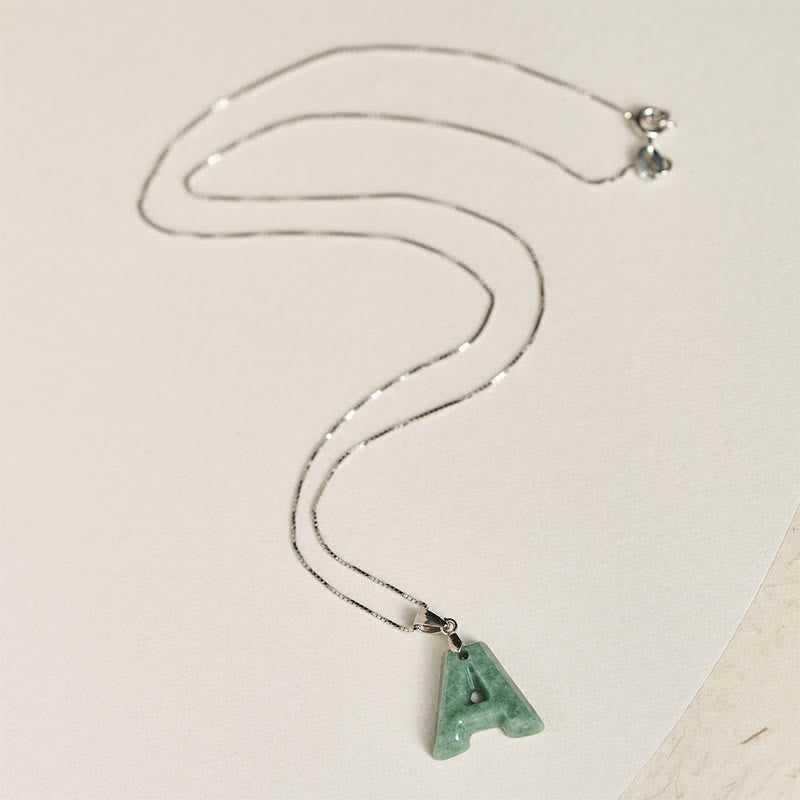 EverestArtstudios Natural A-Z Letter Jade 925 Sterling Silver Silm Chain Prosperity Necklace Pendant