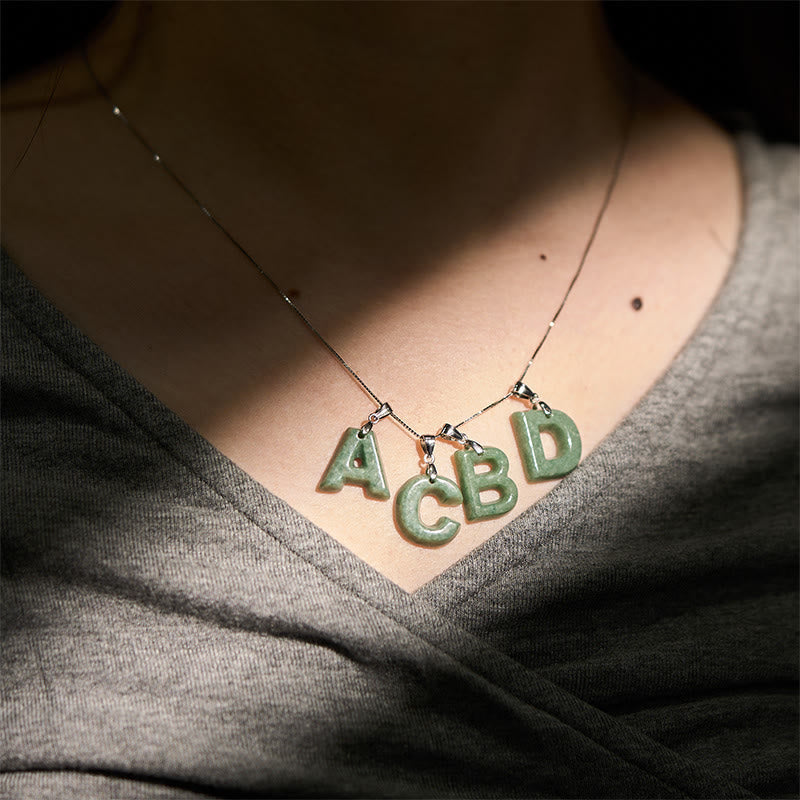 EverestArtstudios Natural A-Z Letter Jade 925 Sterling Silver Silm Chain Prosperity Necklace Pendant