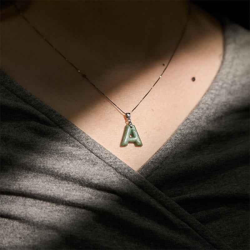 EverestArtstudios Natural A-Z Letter Jade 925 Sterling Silver Silm Chain Prosperity Necklace Pendant