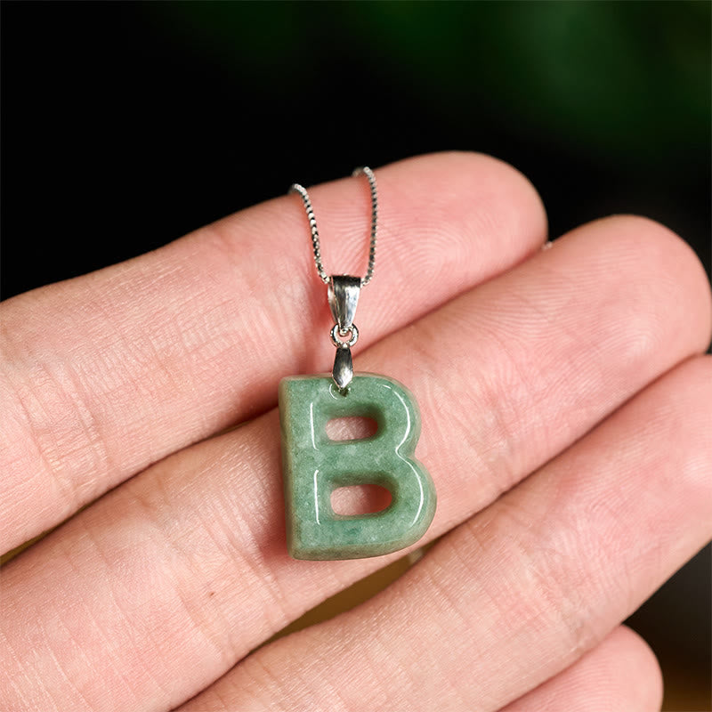 EverestArtstudios Natural A-Z Letter Jade 925 Sterling Silver Silm Chain Prosperity Necklace Pendant