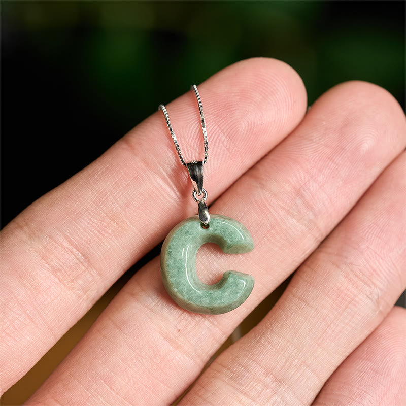 EverestArtstudios Natural A-Z Letter Jade 925 Sterling Silver Silm Chain Prosperity Necklace Pendant