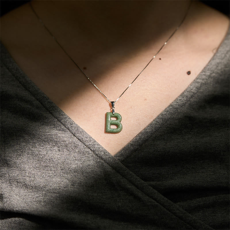EverestArtstudios Natural A-Z Letter Jade 925 Sterling Silver Silm Chain Prosperity Necklace Pendant