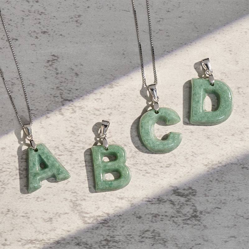 EverestArtstudios Natural A-Z Letter Jade 925 Sterling Silver Silm Chain Prosperity Necklace Pendant