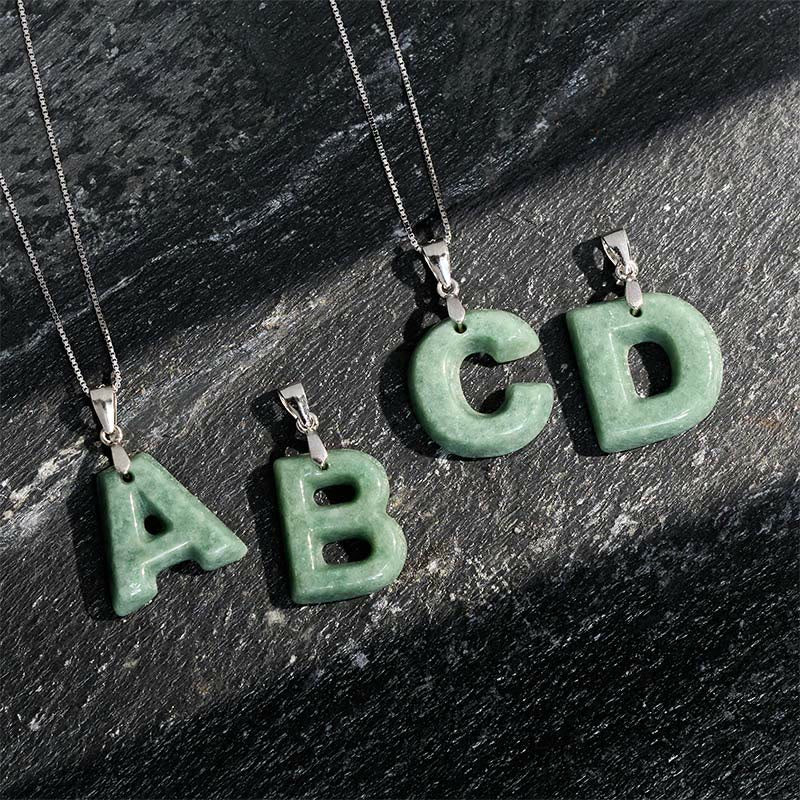 EverestArtstudios Natural A-Z Letter Jade 925 Sterling Silver Silm Chain Prosperity Necklace Pendant