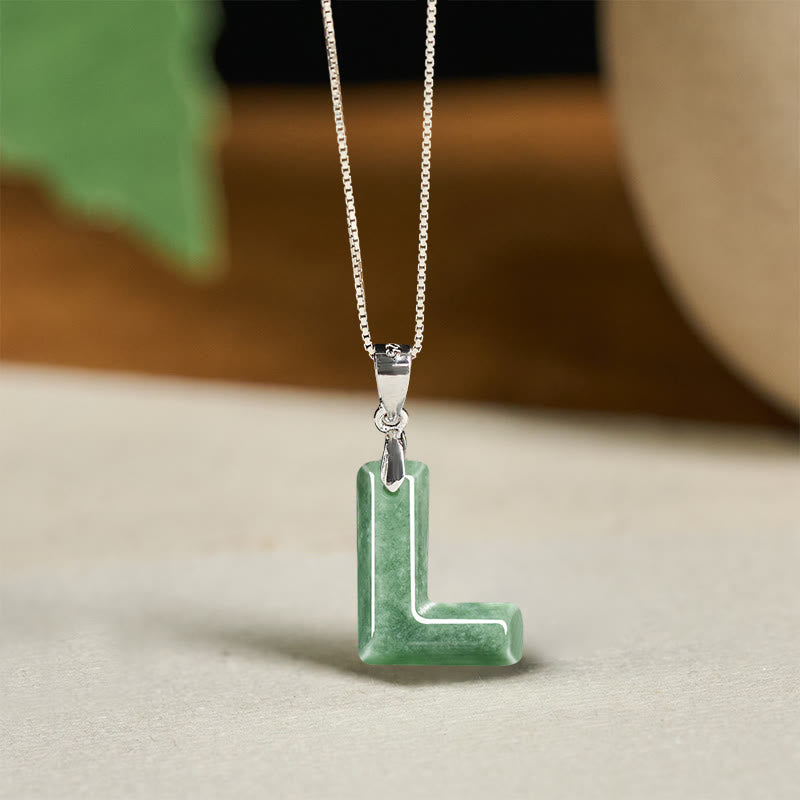 EverestArtstudios Natural A-Z Letter Jade 925 Sterling Silver Silm Chain Prosperity Necklace Pendant