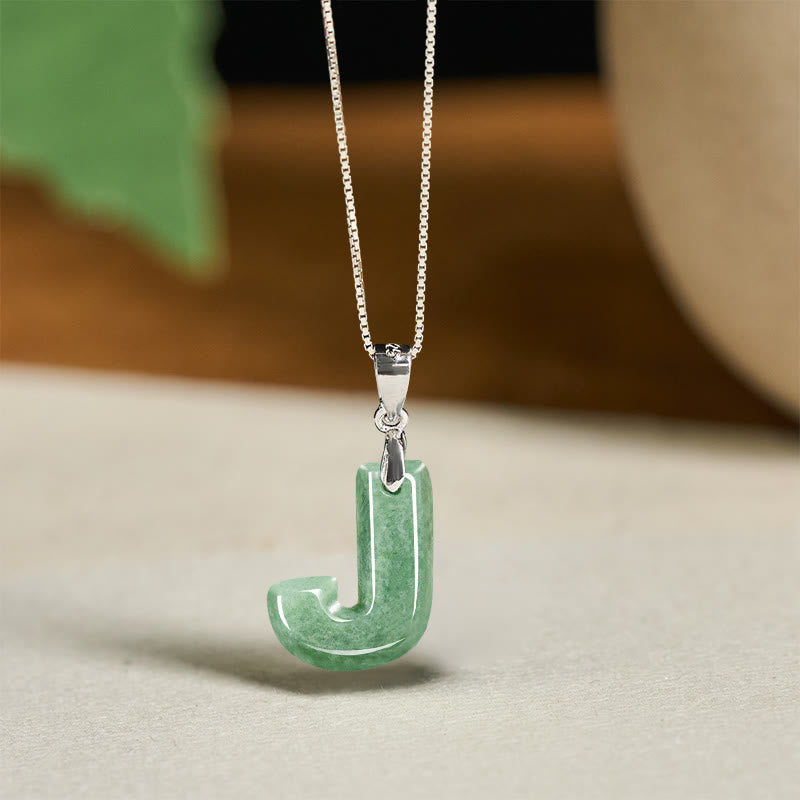 EverestArtstudios Natural A-Z Letter Jade 925 Sterling Silver Silm Chain Prosperity Necklace Pendant