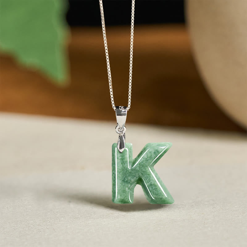 EverestArtstudios Natural A-Z Letter Jade 925 Sterling Silver Silm Chain Prosperity Necklace Pendant